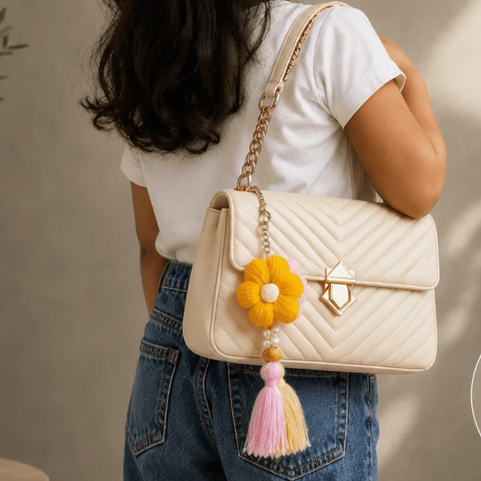 A young girl in a white t-shirt and blue jeans is shown from the back, wearing a handbag with the pink pom-pom flower charm.