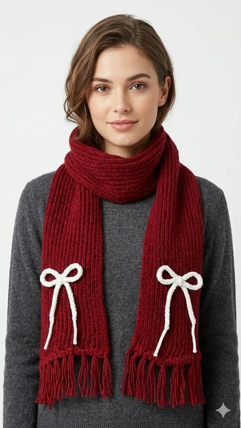Bow Detail Check Winter Muffler/Scarf/Stole
