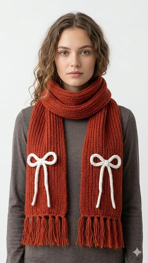 Bow Detail Check Winter Muffler/Scarf/Stole
