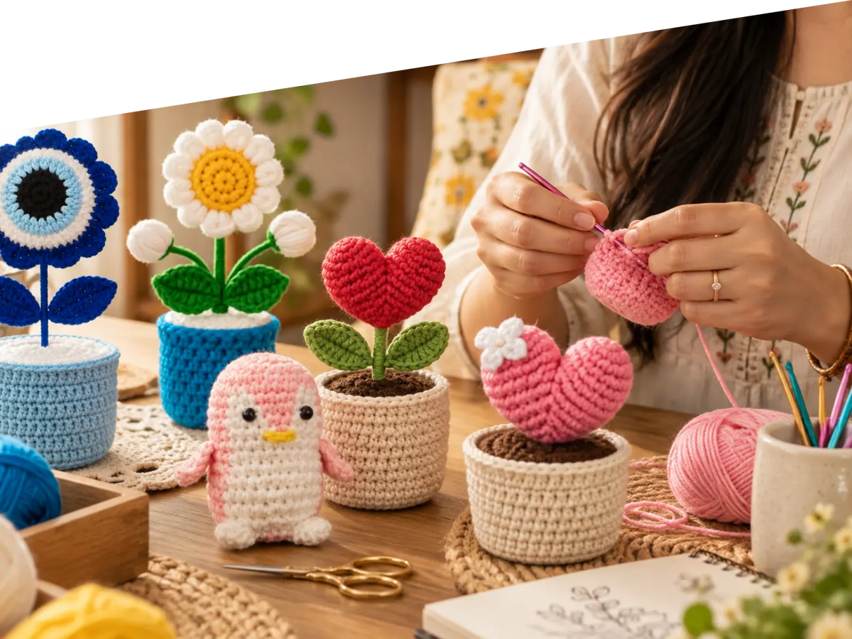 A cozy craft scene shows a person crocheting a small pink flower pot with a heart-shaped flower. On the table are several finished crocheted flower and bird figures in colorful pots, along with yarn balls, scissors, and crafting tools.